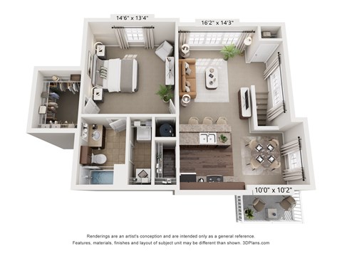 Floor plan for 1 bed, 1 bath, 822 sqft